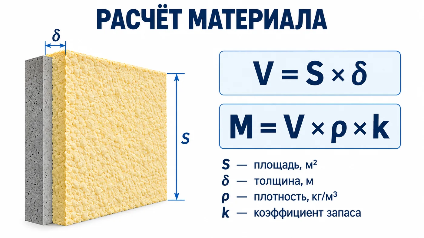 Формулы расчёта объёма и массы напыляемого пенополиуретана